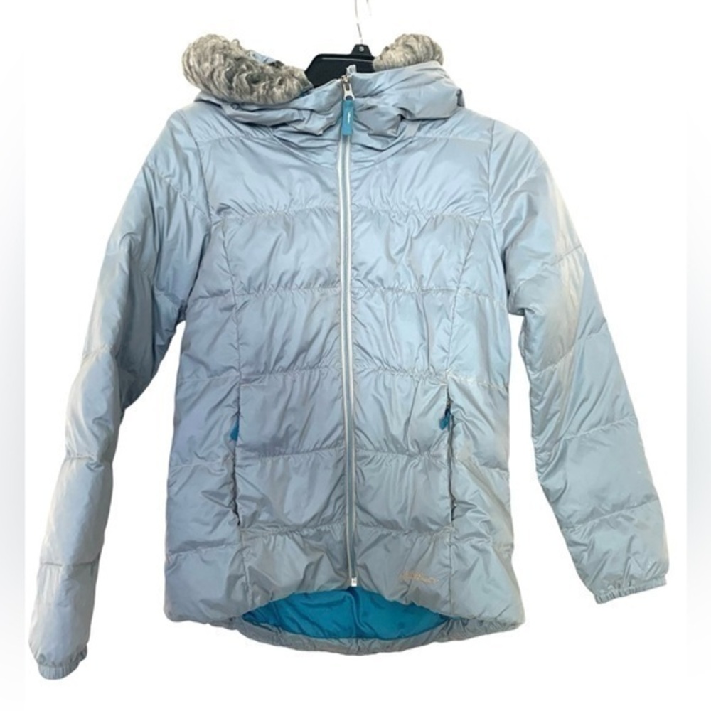 Eddie Bauer Goose Down Jacket Coat Hood Faux Fur Grey Ski Snow Winter Size Large